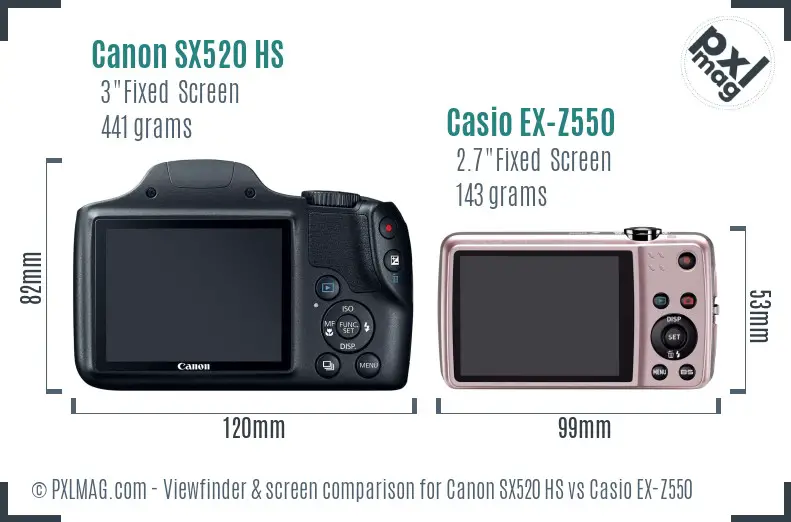 Canon SX520 HS vs Casio EX-Z550 Screen and Viewfinder comparison