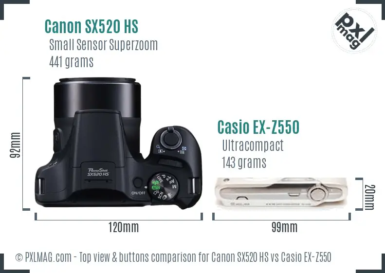 Canon SX520 HS vs Casio EX-Z550 top view buttons comparison