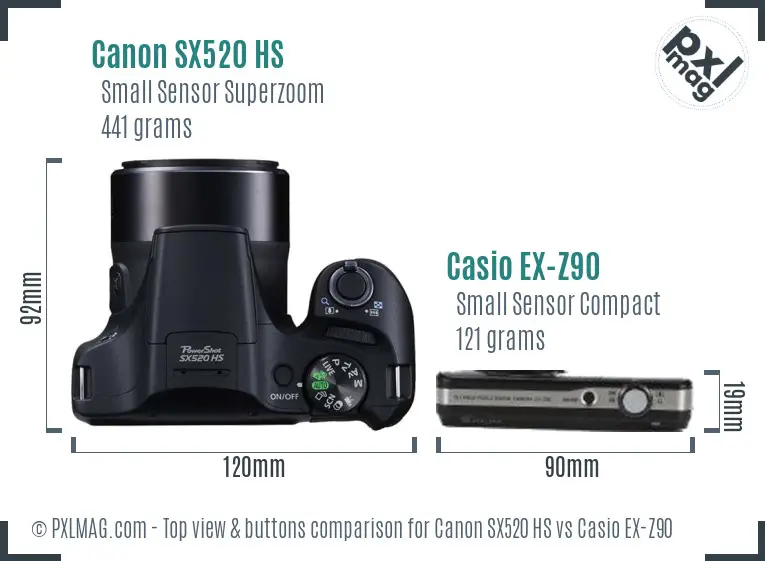 Canon SX520 HS vs Casio EX-Z90 top view buttons comparison