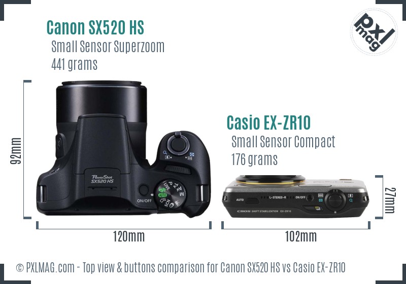 Canon SX520 HS vs Casio EX-ZR10 top view buttons comparison