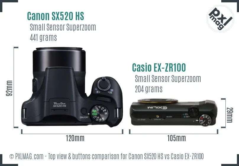 Canon SX520 HS vs Casio EX-ZR100 top view buttons comparison