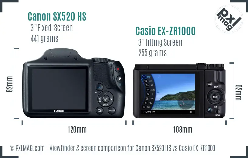 Canon SX520 HS vs Casio EX-ZR1000 Screen and Viewfinder comparison