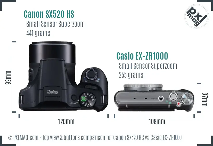 Canon SX520 HS vs Casio EX-ZR1000 top view buttons comparison