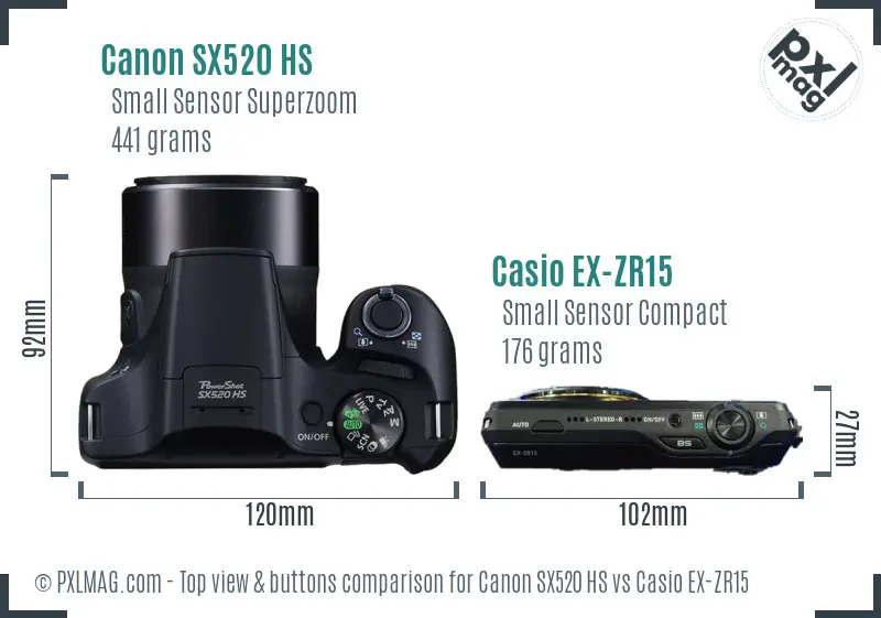 Canon SX520 HS vs Casio EX-ZR15 top view buttons comparison