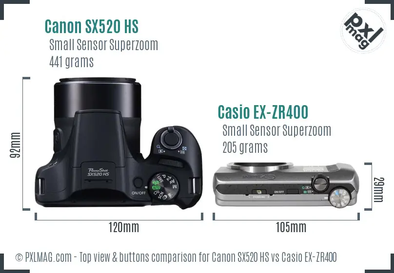 Canon SX520 HS vs Casio EX-ZR400 top view buttons comparison