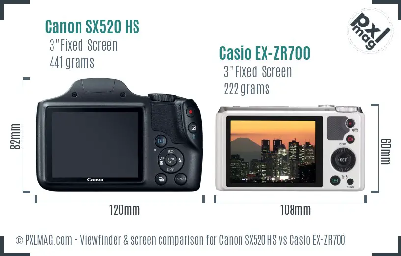Canon SX520 HS vs Casio EX-ZR700 Screen and Viewfinder comparison
