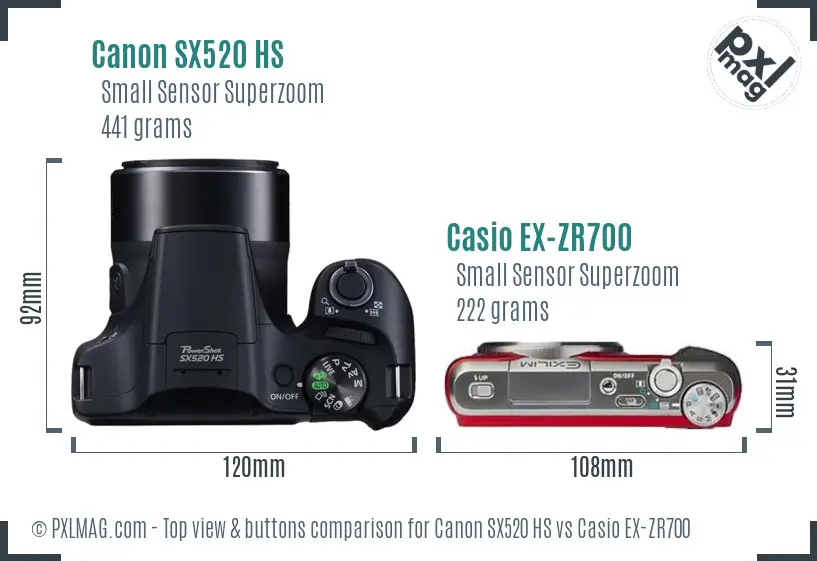 Canon SX520 HS vs Casio EX-ZR700 top view buttons comparison