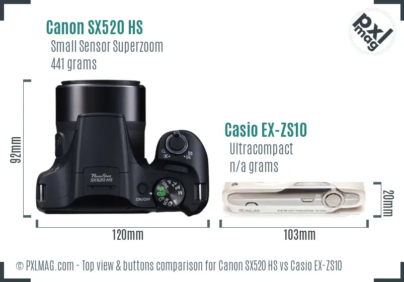 Canon SX520 HS vs Casio EX-ZS10 top view buttons comparison