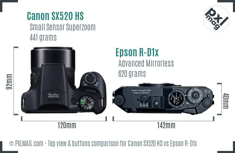 Canon SX520 HS vs Epson R-D1x top view buttons comparison