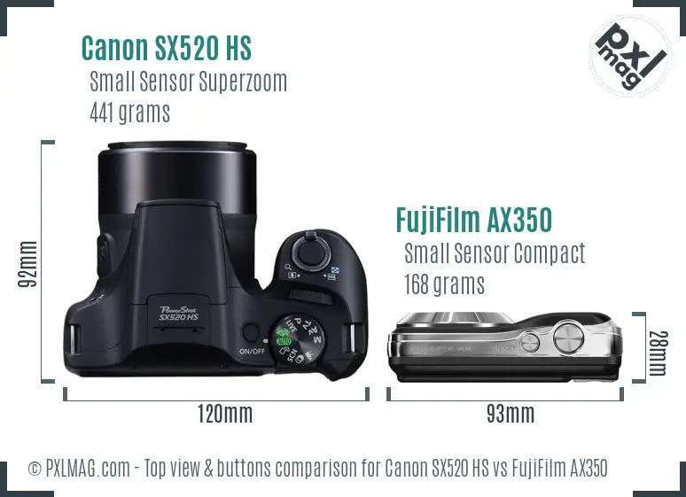 Canon SX520 HS vs FujiFilm AX350 top view buttons comparison Canon SX520 HS vs FujiFilm AX350 top view buttons comparison