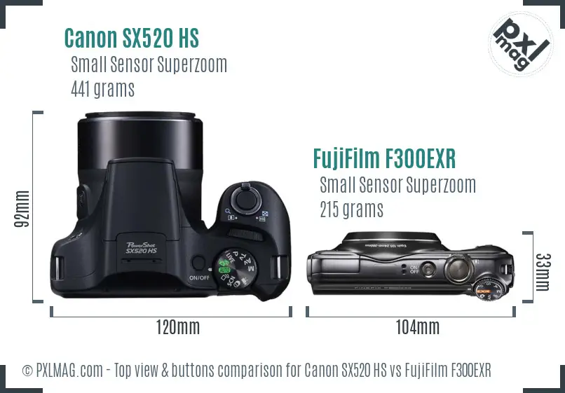 Canon SX520 HS vs FujiFilm F300EXR top view buttons comparison