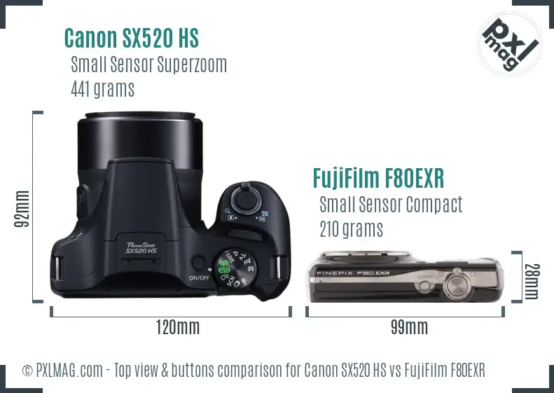 Canon SX520 HS vs FujiFilm F80EXR top view buttons comparison