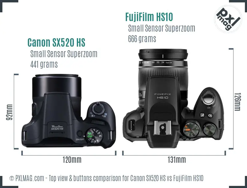 Canon SX520 HS vs FujiFilm HS10 top view buttons comparison