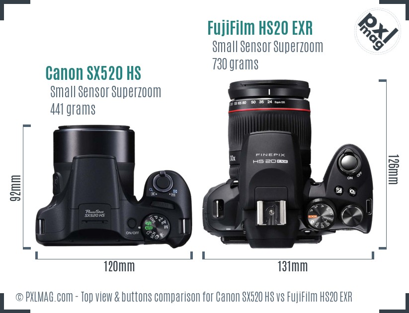 Canon SX520 HS vs FujiFilm HS20 EXR top view buttons comparison