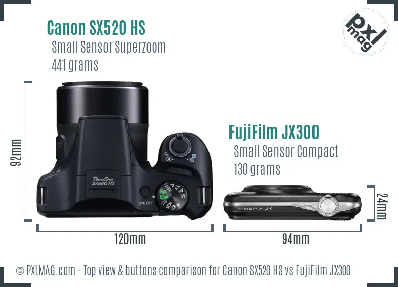 Canon SX520 HS vs FujiFilm JX300 top view buttons comparison