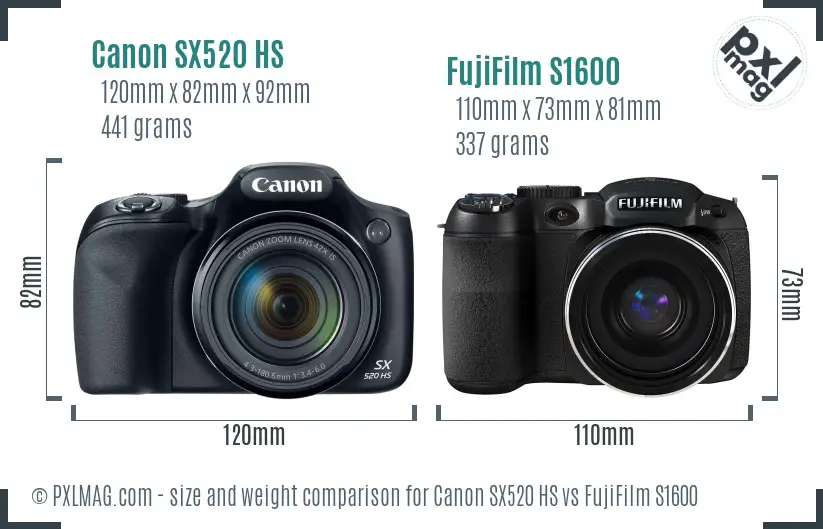 Canon SX520 HS vs FujiFilm S1600 size comparison Canon SX520 HS vs FujiFilm S1600 size comparison