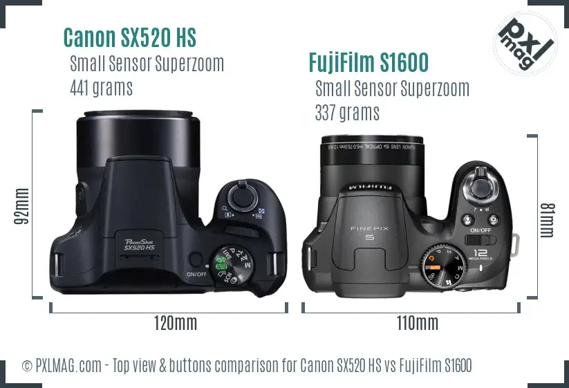 Canon SX520 HS vs FujiFilm S1600 top view buttons comparison Canon SX520 HS vs FujiFilm S1600 top view buttons comparison