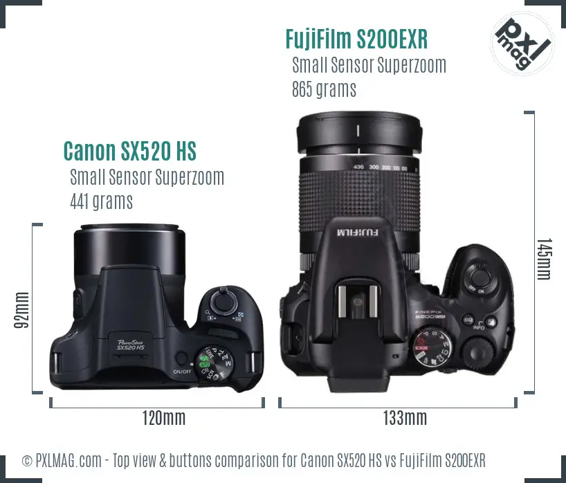Canon SX520 HS vs FujiFilm S200EXR top view buttons comparison