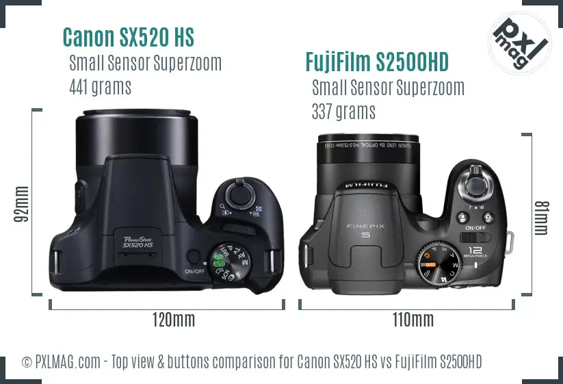 Canon SX520 HS vs FujiFilm S2500HD top view buttons comparison