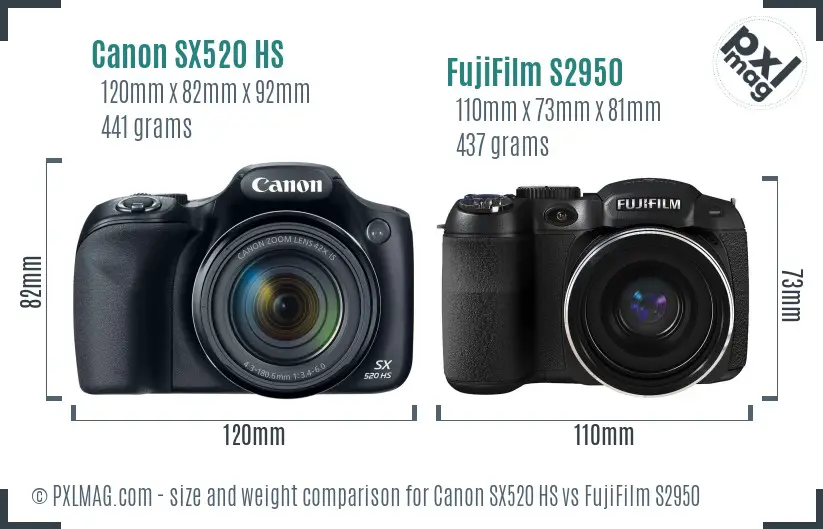 Canon SX520 HS vs FujiFilm S2950 size comparison