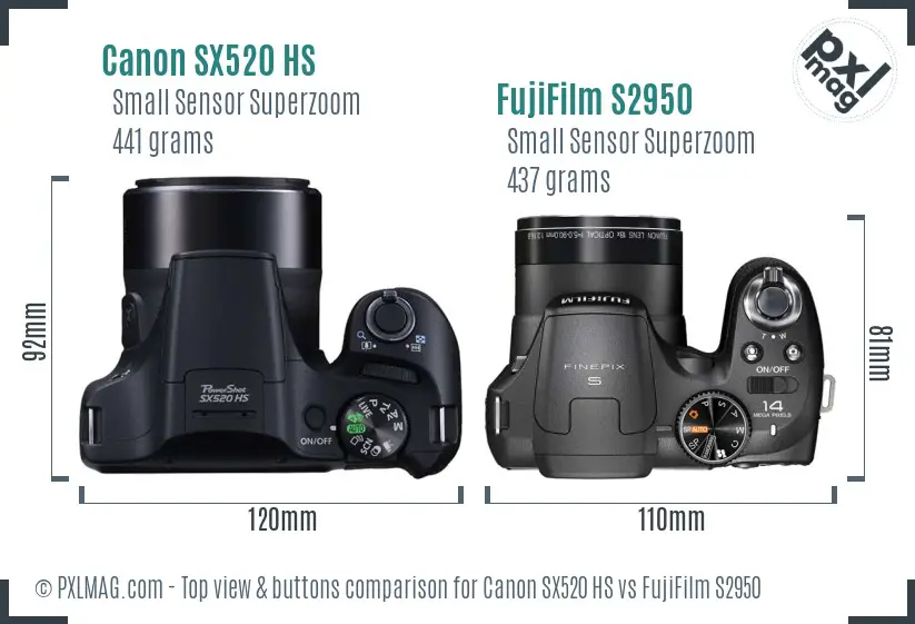 Canon SX520 HS vs FujiFilm S2950 top view buttons comparison