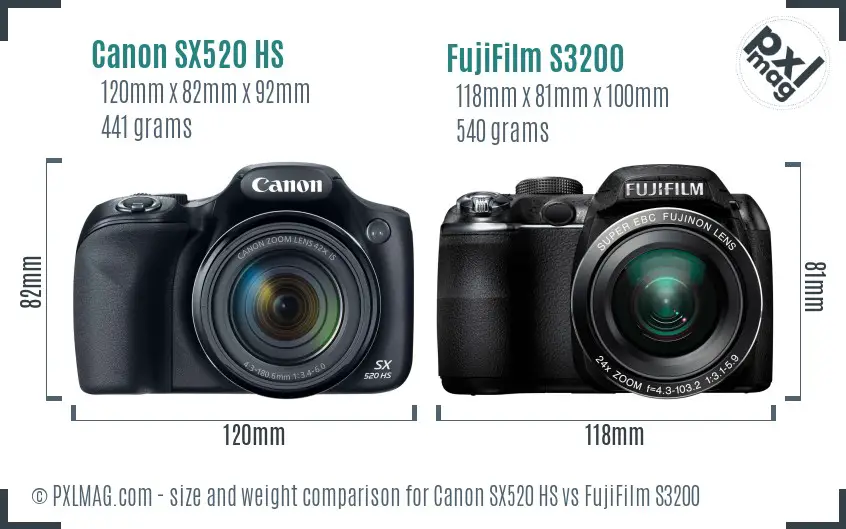 Canon SX520 HS vs FujiFilm S3200 size comparison