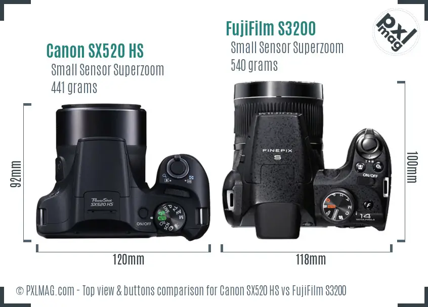 Canon SX520 HS vs FujiFilm S3200 top view buttons comparison