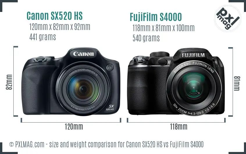 Canon SX520 HS vs FujiFilm S4000 size comparison