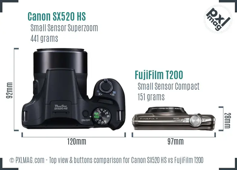 Canon SX520 HS vs FujiFilm T200 top view buttons comparison Canon SX520 HS vs FujiFilm T200 top view buttons comparison