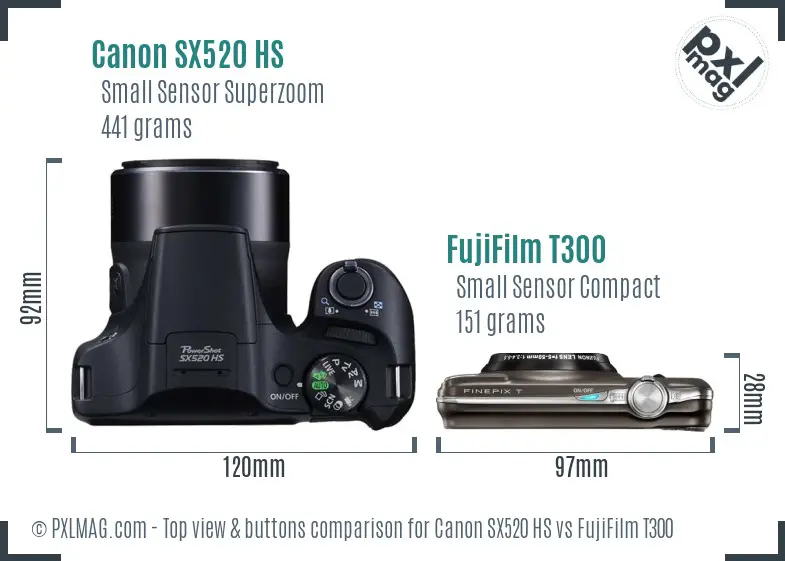 Canon SX520 HS vs FujiFilm T300 top view buttons comparison