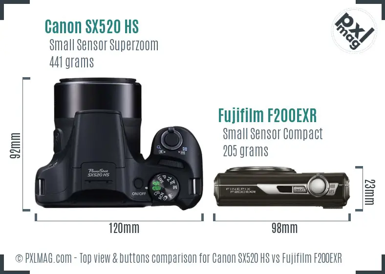 Canon SX520 HS vs Fujifilm F200EXR top view buttons comparison