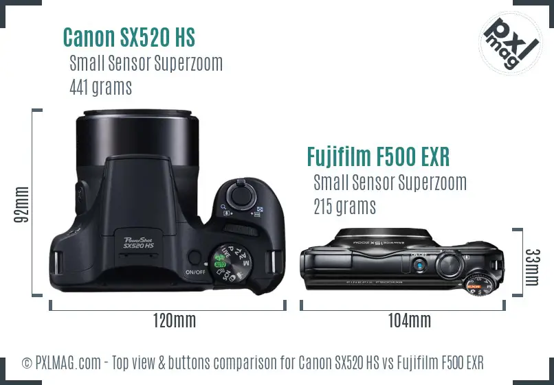 Canon SX520 HS vs Fujifilm F500 EXR top view buttons comparison Canon SX520 HS vs Fujifilm F500 EXR top view buttons comparison