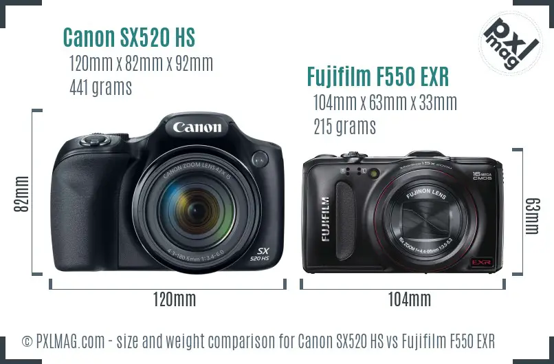 Canon SX520 HS vs Fujifilm F550 EXR size comparison