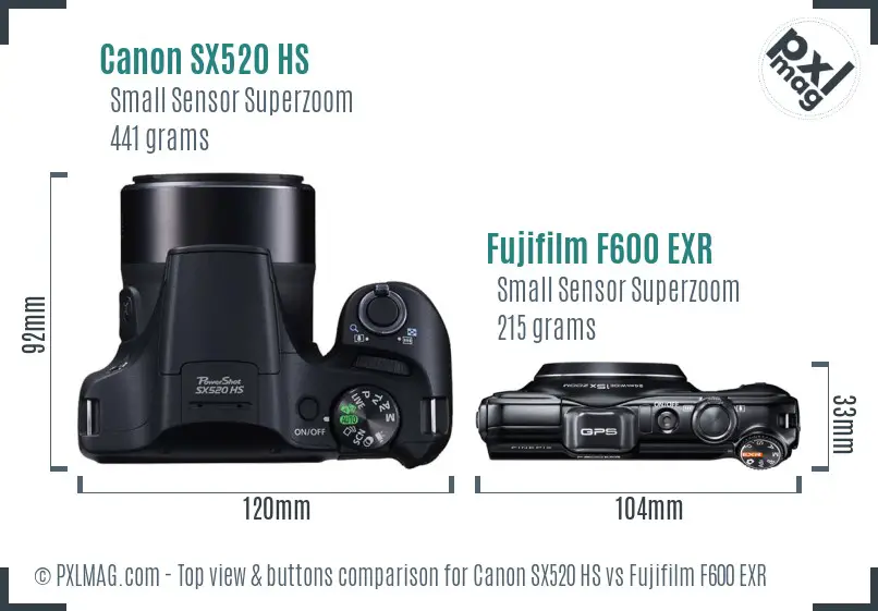 Canon SX520 HS vs Fujifilm F600 EXR top view buttons comparison Canon SX520 HS vs Fujifilm F600 EXR top view buttons comparison