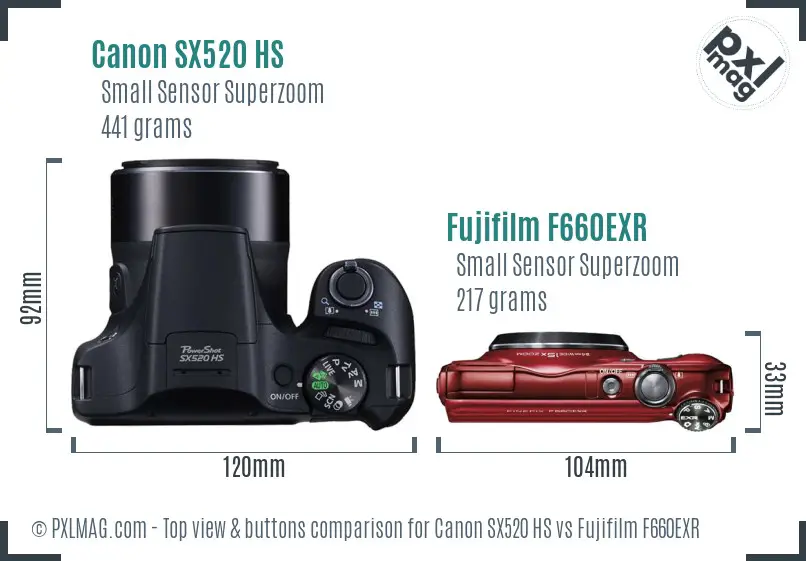 Canon SX520 HS vs Fujifilm F660EXR top view buttons comparison