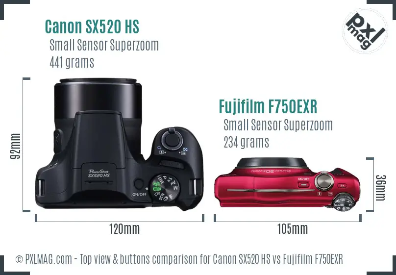 Canon SX520 HS vs Fujifilm F750EXR top view buttons comparison