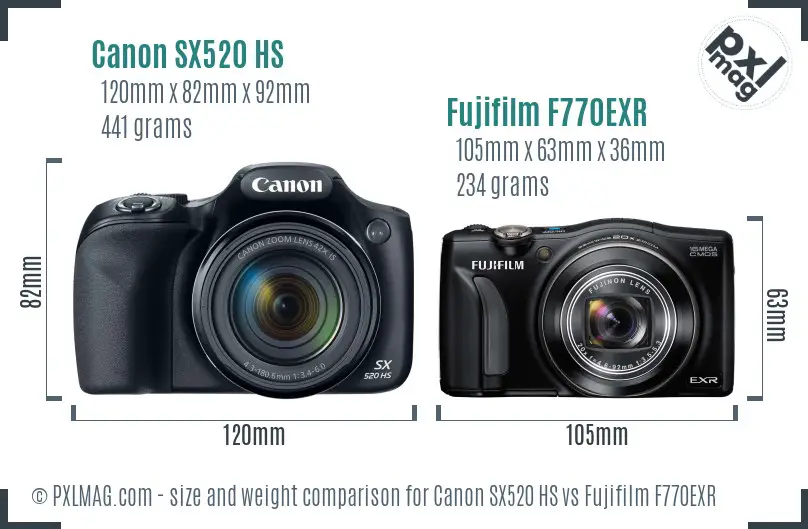 Canon SX520 HS vs Fujifilm F770EXR size comparison