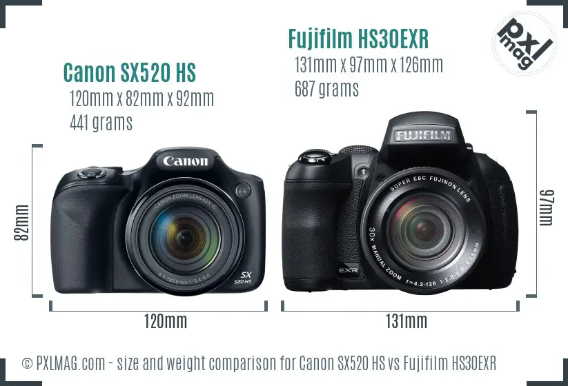 Canon SX520 HS vs Fujifilm HS30EXR size comparison