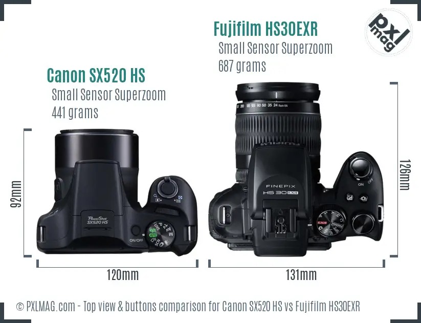 Canon SX520 HS vs Fujifilm HS30EXR top view buttons comparison