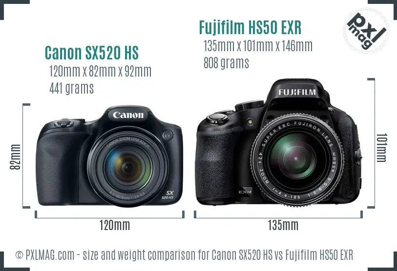 Canon SX520 HS vs Fujifilm HS50 EXR size comparison