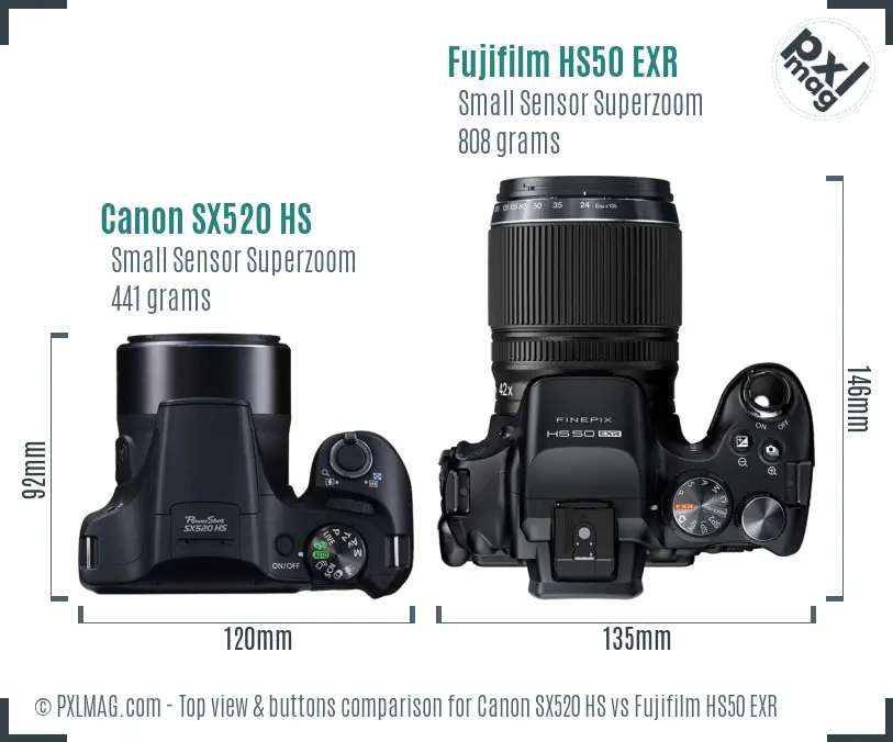 Canon SX520 HS vs Fujifilm HS50 EXR top view buttons comparison