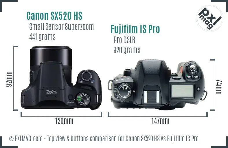 Canon SX520 HS vs Fujifilm IS Pro top view buttons comparison