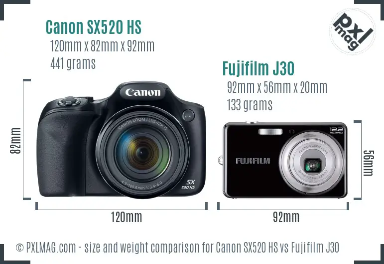 Canon SX520 HS vs Fujifilm J30 size comparison