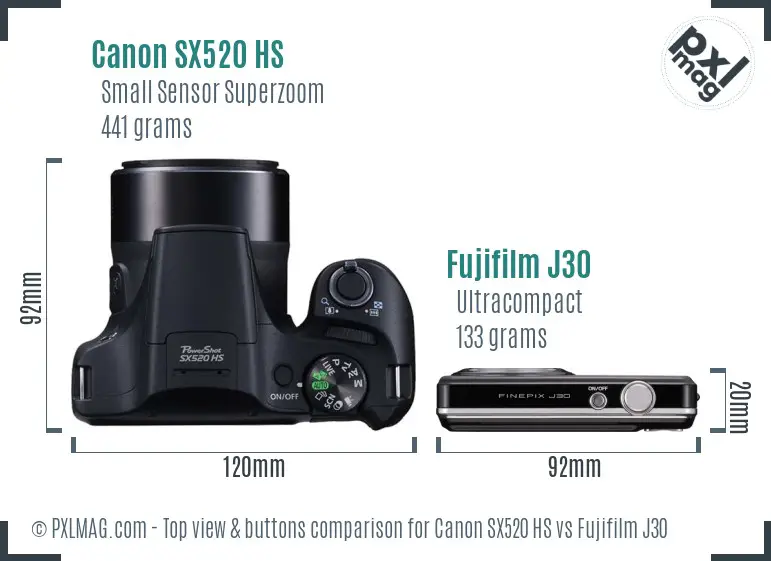 Canon SX520 HS vs Fujifilm J30 top view buttons comparison