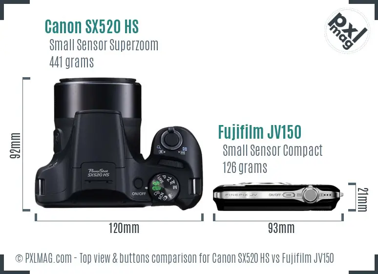 Canon SX520 HS vs Fujifilm JV150 top view buttons comparison