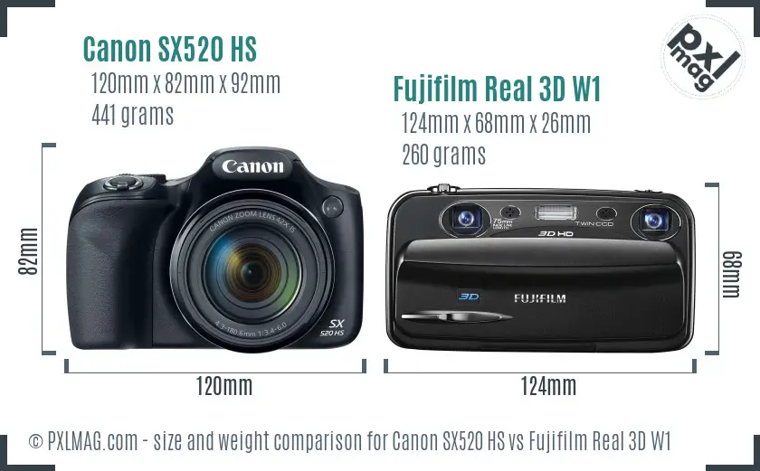 Canon SX520 HS vs Fujifilm Real 3D W1 size comparison