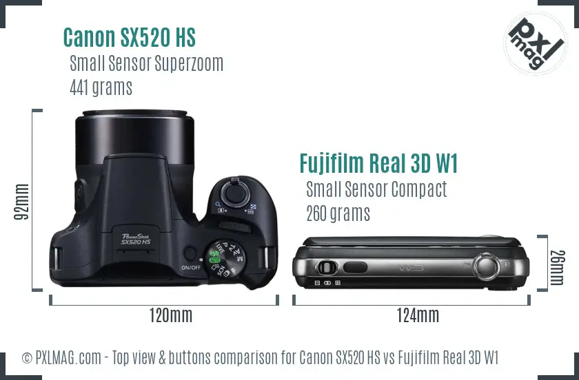 Canon SX520 HS vs Fujifilm Real 3D W1 top view buttons comparison
