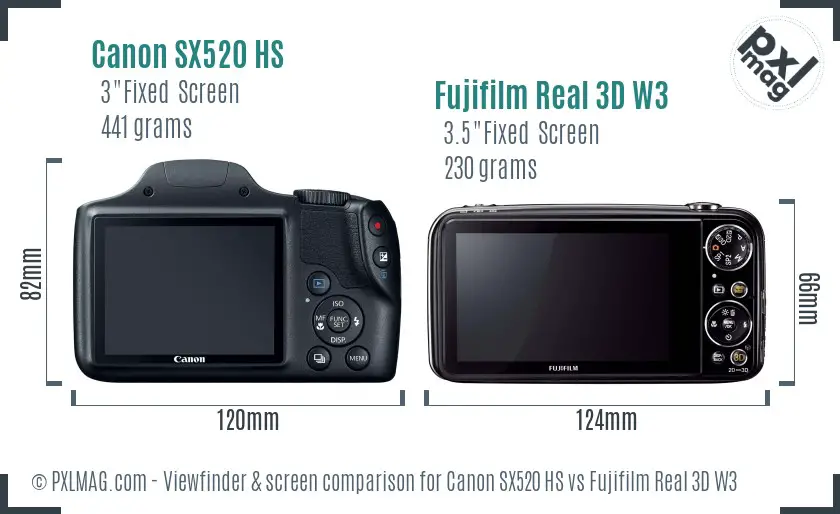 Canon SX520 HS vs Fujifilm Real 3D W3 Screen and Viewfinder comparison