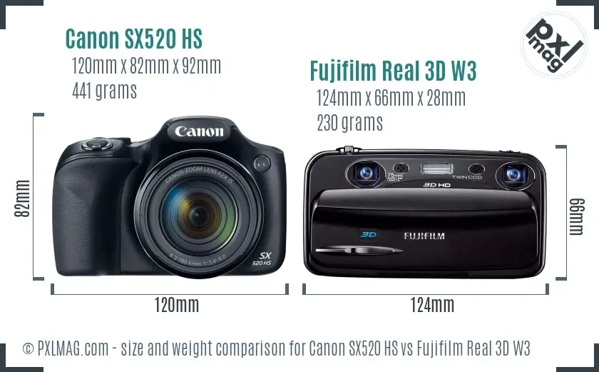 Canon SX520 HS vs Fujifilm Real 3D W3 size comparison