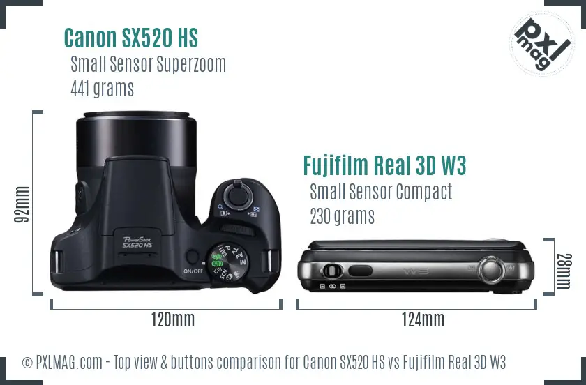 Canon SX520 HS vs Fujifilm Real 3D W3 top view buttons comparison